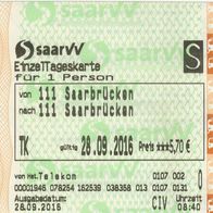 Fahrschein saarVV Saarbahn EinzelTageskarte Saarbrücken am 28.09.2016