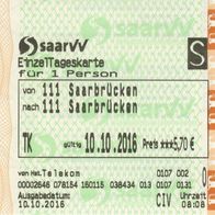 Fahrschein saarVV Saarbahn EinzelTageskarte Saarbrücken am 10.10.2016