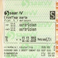 Fahrschein saarVV Saarbahn EinzelTageskarte Saarbrücken am 12.12.2016