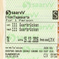 Fahrschein saarVV Saarbahn EinzelTageskarte Saarbrücken am 15.12.2016