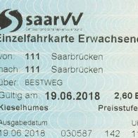 Fahrschein saarVV Saarbahn Einzelfahrkarte 030587 Saarbrücken am 19.06.2018