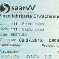 Fahrschein saarVV Saarbahn Einzelfahrkarte 031615 Saarbrücken am 09.07.2018