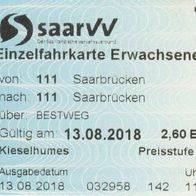Fahrschein saarVV Saarbahn Einzelfahrkarte 032958 Saarbrücken am 13.08.2018