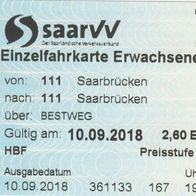 Fahrschein saarVV Saarbahn Einzelfahrkarte 361133 Saarbrücken am 10.09.2018