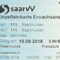 Fahrschein saarVV Saarbahn Einzelfahrkarte 034286 Saarbrücken am 10.09.2018