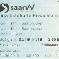 Fahrschein saarVV Saarbahn Einzelfahrkarte 049303 Saarbrücken am 04.06.2019