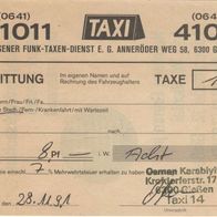 Taxi Gießen Quittung Rechnung am 28. November 1991