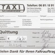 Taxi Quittung Rechnung Saarbrücken vom 22. 04.2016