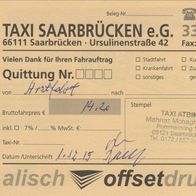 Taxi Quittung Rechnung Saarbrücken vom 01.12.2015