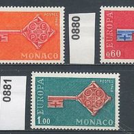 Europa-Union / CEPT - Monaco Mi. Nr. 879 + 880 + 881 - Europamarken 1968 * * <