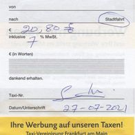 Taxi Quittung Rechnung Frankfurt am Main am 27.07.2021