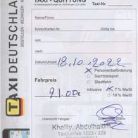 Taxi Quittung Rechnung Frankfurt am Main am 18.10.2022