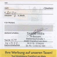 Taxi Quittung Rechnung Frankfurt am Main am 06.09.2022