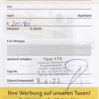 Taxi Quittung Rechnung Frankfurt am Main am 08.06.2022