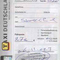 Taxi Quittung Rechnung Frankfurt am Main am 06.11.2023