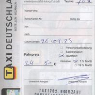 Taxi Quittung Rechnung Frankfurt am Main am 26.09.2023