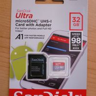 SanDisk Ultra 32 GB microSDHC Speicherkarte + SD-Adapter A1 App-Leistung bis zu 98 MB