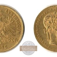 Österreich Goldmünze 6,45 g., 20 Franken/8 Florin 1876 Kaiser Franz Joseph I