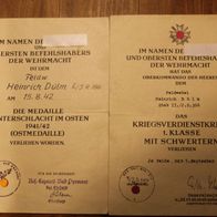 Original 2er Urkunden-Gruppe, Ostmedaille u. KvK 1. Klasse - II./Inf. Rgt. 396