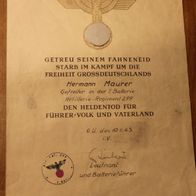 Originale Sterbeurkunde Gefr. der 1./Art. Rgt. 299