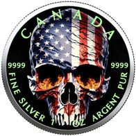 US Flag Fire Skull Canada 2023 Maple Leaf 1 OZ SILBER -COLOR EDIT