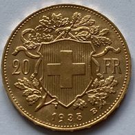 Goldvreneli 1935 B Helvetica 20.-Fr. 6,45 Gramm 900 Gold ohne L