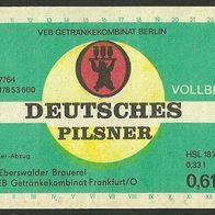 ALT ! DDR Bieretikett Brauerei Eberswalde † 1993 (VEB GK Frankfurt/ O. und Berlin)