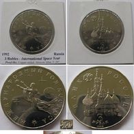 1992, Russia, 3- Ruble commemorative coin: International Space Year, Proof- like