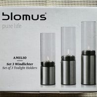 blomus pure life "AMILIO" - 3er-Set Windlichter / Teelichthalter Edelstahl NEU & OVP