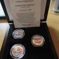 3x Historische Schiffe 1997, je 15g 999 Silber, P und coloriert, limitiert, gekapselt