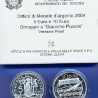 Italien Zweieretui Silber PP 5 + 10 Euro 2004 "Giacomo Puccini u. Madama Butterfly"