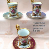3 farbenprächtige Mocca-Tassen aus Porzellan mit Blumenmotiv