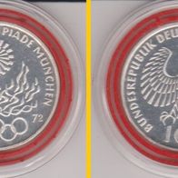 1972 BRD 10 DM Olympiade München Olympische Flamme Polierte Platte Prägebuchstabe G