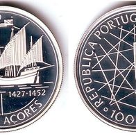 Portuga Silber PP/ Proof 100 Escudos 1989 "AZOREN Kompassrose, Karavelle"