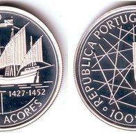 Portugal Silber PP/ Proof 100 Escudos 1989 "AZOREN Kompassrose, Karavelle"