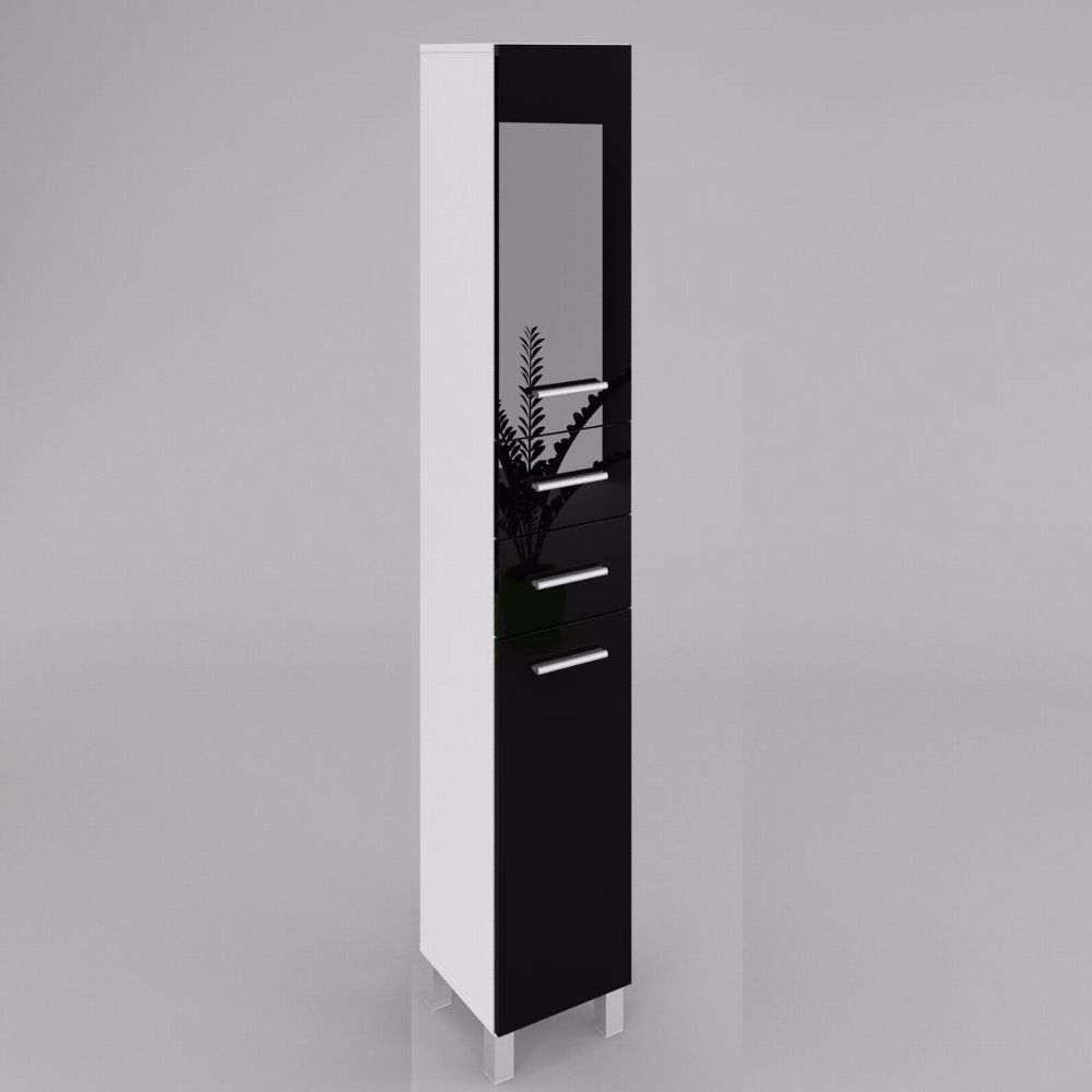 Badschrank mit wäschekorb SW15 188x30/40 cm in Weiß , Schwarz Hochglanz