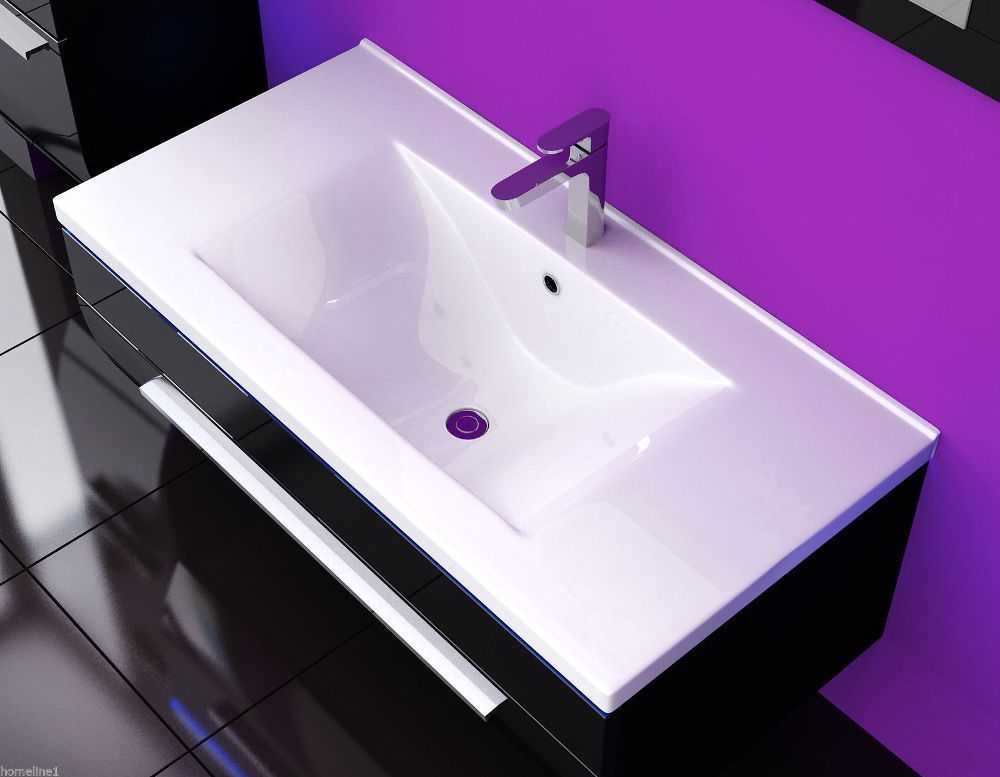 Badmöbel Set 90 cm Schwarz Lackiert Komplett Hochglanz Badezimmermöbel