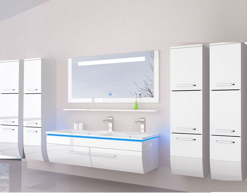 Doppelwaschtisch 240 cm Weiss Hochglanz Doppel Waschbecken Badmöbel Set