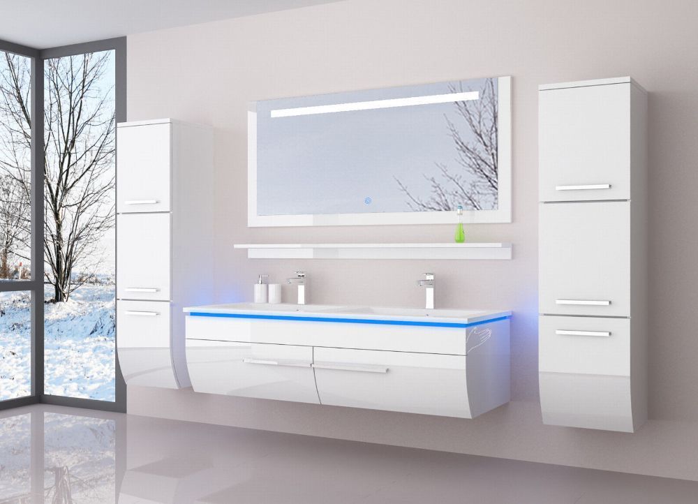 Doppelwaschtisch 240 cm Weiss Hochglanz Doppel Waschbecken Badmöbel Set