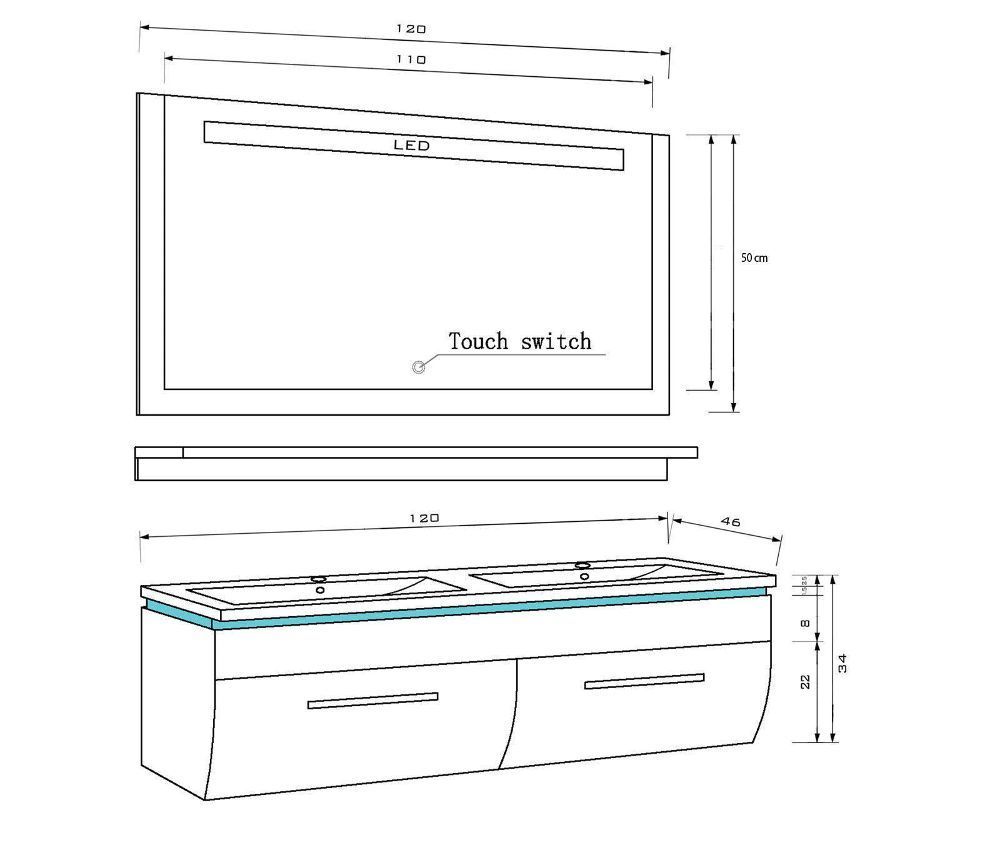 Doppelwaschtisch 240 cm Weiss Hochglanz Doppel Waschbecken Badmöbel Set