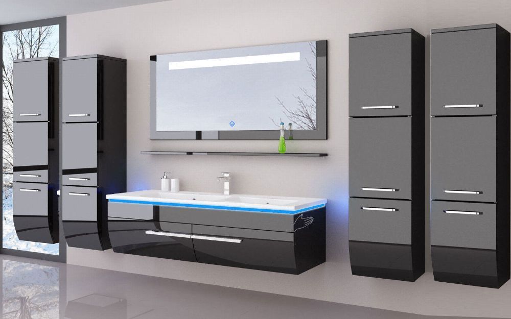 Doppelwaschtisch 240 cm Schwarz Hochglanz Doppel Waschbecken Badmöbel