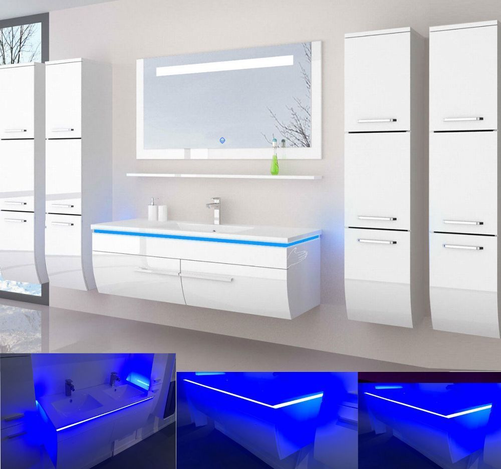Badmöbel Set Weiss 240 cm Hochglanz Waschbecken Spiegel Komplett Bad