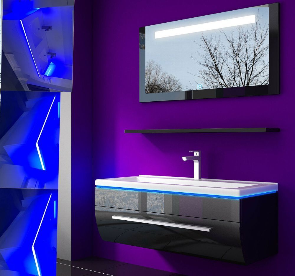 Badmöbel Set 90 cm Schwarz Lackiert Komplett Hochglanz Badezimmermöbel