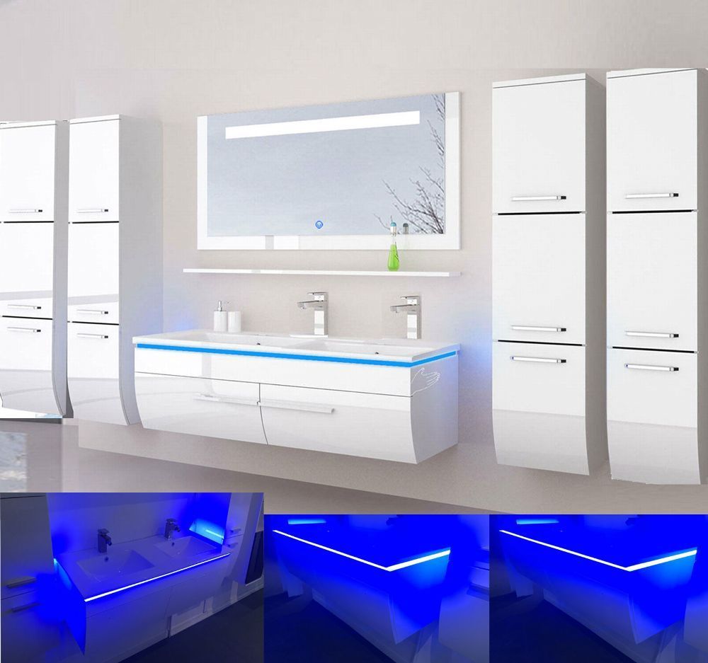 Doppelwaschtisch 240 cm Weiss Hochglanz Doppel Waschbecken Badmöbel Set