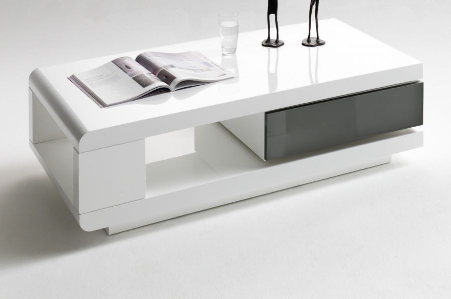 Couchtisch Wohnzimmer Tisch Weiß Hochglanz mit Schublade Ablage grau