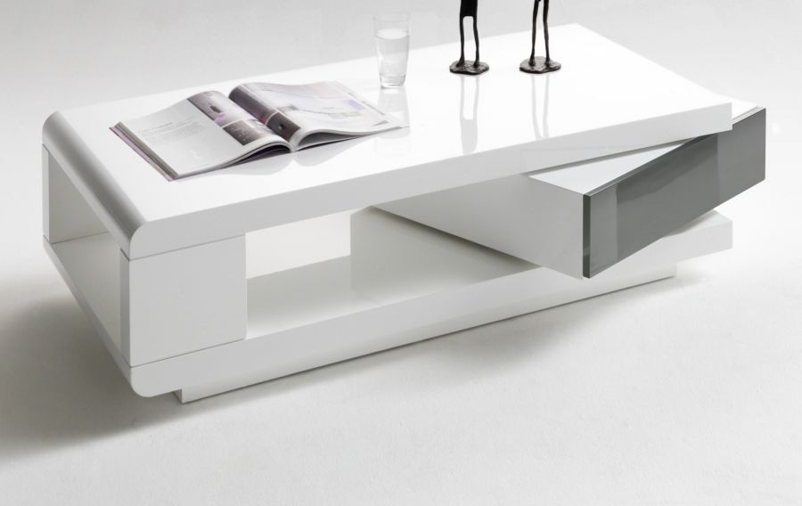 Couchtisch Wohnzimmer Tisch Weiß Hochglanz mit Schublade Ablage grau