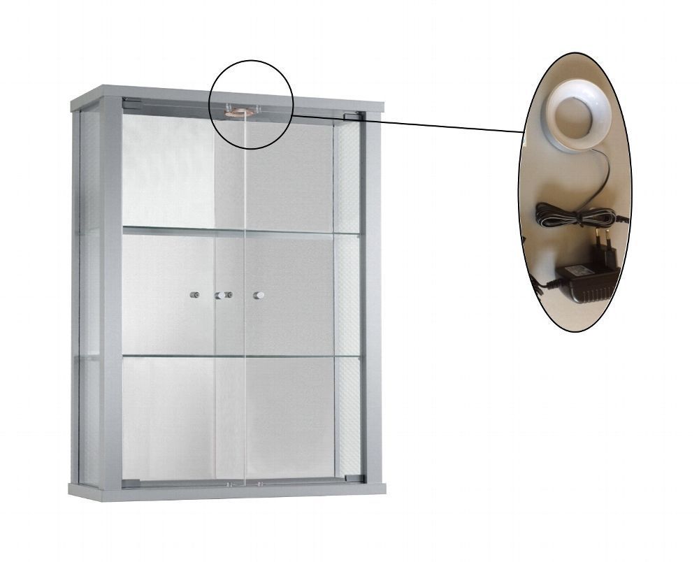 Glasvitrine mit Spiegel und LED in Alu/ Silber (80x60x25cm) Schrank