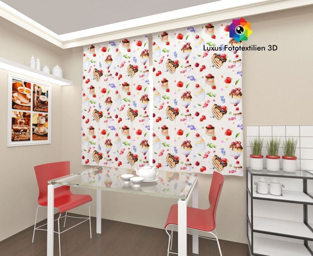 Fotogardinen 3D Torten Fotovorhang bedruckt Vorhänge & Gardine nach Maß