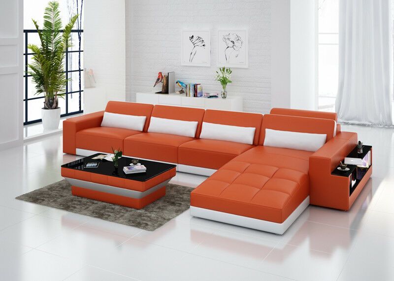 Sofa Couch Wohnlandschaft XXL Couch Ledersofa mit Ottomane Sofagarnitur