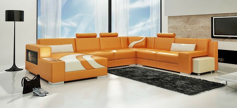 Sofa Couch Wohnlandschaft XXL Couch Ledersofa mit Ottomane Sofagarnitur